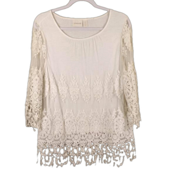 Chico's Cream Crochet Knit Tulle Overlay Round Neckline 3/4 Sleeve Pullover Top - Picture 1 of 12
